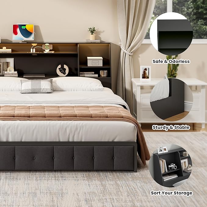 King Size Headboard Only for Bed, Wood Bookcase Headboard with Charging Station & 2 LED Lights, Modern King Bookshelf Headboard with Storage, Noise-Free, Sturdy and Durable, Black