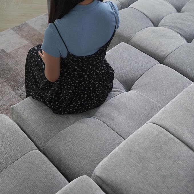 WJShome Modular Sectional Sofa,140inch Cloud Couch Deep Seat Sectional Couches for Living Room,Modern Linen Upholstered Loveseat Couch with Pillow for Home,Gray