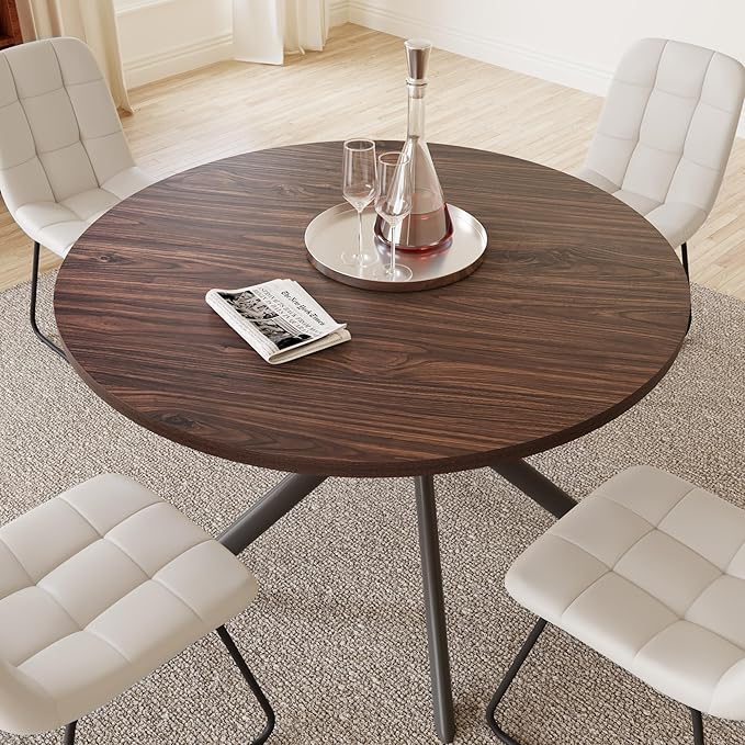45.3 Inch Round Dining Table Set for 4, Mid Century Modern Small Coffee Set for Dining Room Kitchen Apartment (Dark Walnut Table + 4 U-Shaped White Chairs)