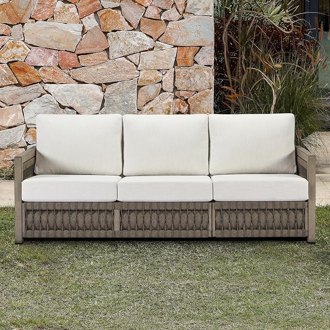 3 Seats Outdoor Sofa, Aluminum Patio Sofas with Washable Cushions, 3-Seater Rope Weave Outside Patio Couch, Deep Seating Outdoor Sofa Furniture for Garden, Decks, Porch, Balcony, Gray Oak