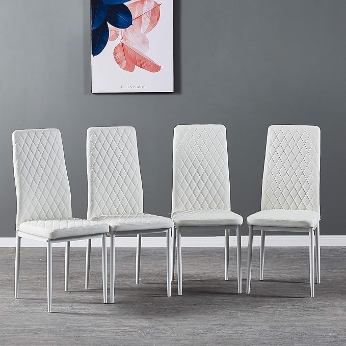 JT Modern Minimalist Dining Chair Fireproof Leather Sprayed Metal Pipe Diamond Grid Pattern Restaurant Home Conference Chair Set of 4 Or 6 (4, White)