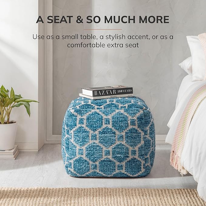 Anji Mountain 100% Handmade & Handcrafted Comfortable Home Décor Pouf Ottoman Footrest for Living Room, Bedroom, Nursery, Kidsroom, Patio Furniture - (20" x 20" x 20" - Blue)