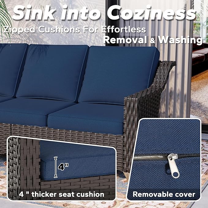 77'' Patio Sofa, All Weather Outdoor Rattan Wicker 3-Seat Sofa High Back Couch with Premium Cushions for Garden Backyard Porch(Brown/Navy)