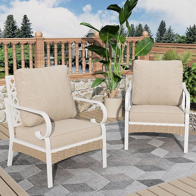 Outdoor Patio Leg Sofa Chairs Set of 2 Steel Frame Porch Furniture with Deep Seating and 5.5" Cushions for Lawn Backyard Deck, Beige