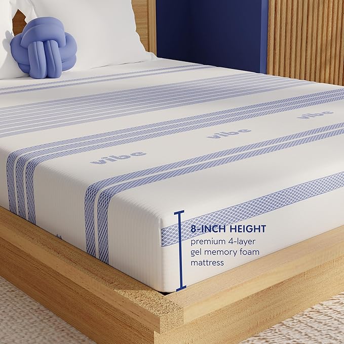 Vibe Gel Memory Foam Mattress, Fiberglass Free 8-Inch CertiPUR-US Certified Bed-in-a-Box, Full, White