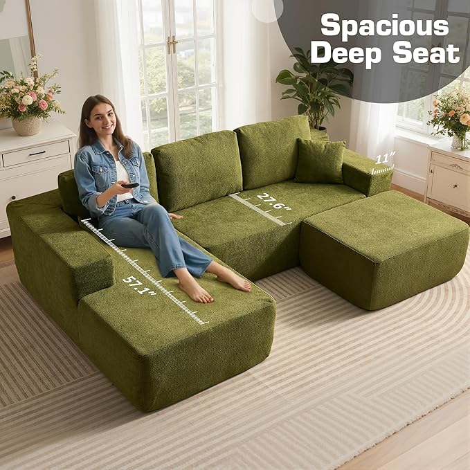 106" Cloud Sectional Couch with L-Shape Chaise & Ottoman, No Assembly Modular Sofa, Deep Seat Corduroy Boneless Couched for Living Room (Green Cloudy Velvet, Left Facing Chaise with Ottoman)