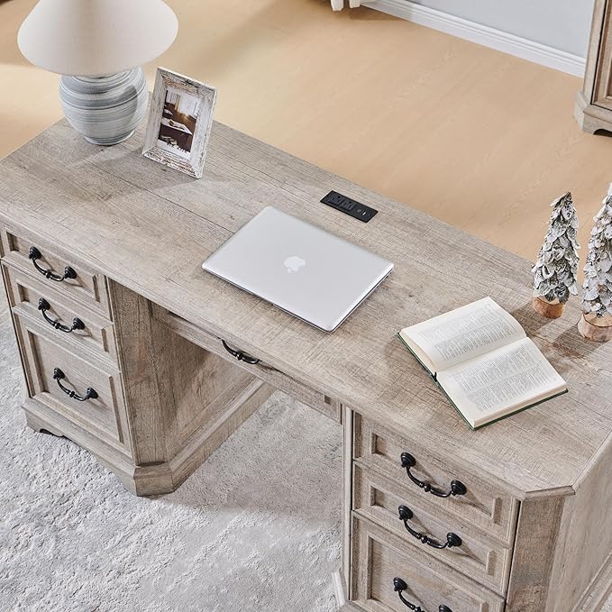 RedLemon 60" Executive Desk with Drawers,Wood Home Office Desk, Featuring Keyboard Tray,Charging Station,File Drawer, Storage Cabinet,for Work and Study (Light Rustic Oak)