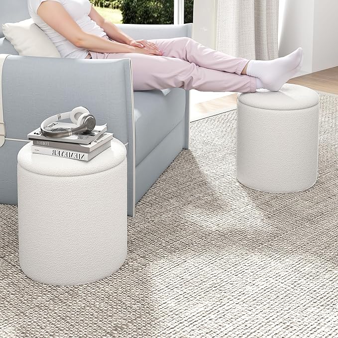 Ottoman Poufs with Storage, Set of 2 Soft Upholstered Vanity Stool,Multifunctional Ottomans Coffee Table Padded Seat Foot Rest for Living（White, Pack of 2）
