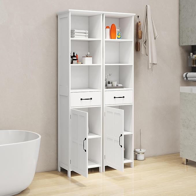 Tall Bathroom Storage Cabinet with Door and Shelves, Narrow Bathroom Cabinet Freestanding, White Slim Storage Cabinet for Home, Kitchen, Anti-Tipping