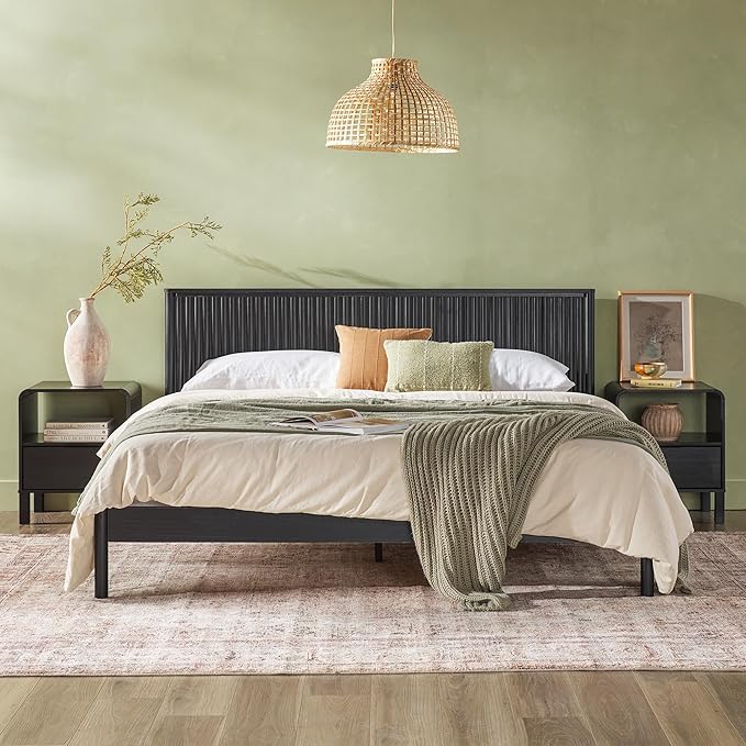 Walker Edison King Modern Reeded Headboard Solid Wood Bed, King Size, Black