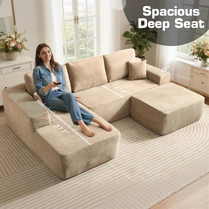 106" Cloud Sectional Couch with L-Shape Chaise & Ottoman, No Assembly Modular Sofa, Deep Seat Corduroy Boneless Couched for Living Room (Camel Stripe Corduroy, Left Facing Chaise with Ottoman)