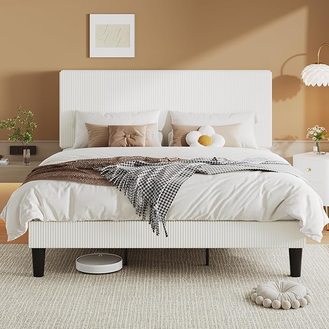Allewie King Size Upholstered Bed Frame with Vertical Channel Tufted Headboard, Soft Corduroy Fabric Platform Bed, Strong Wooden Slats Support, Easy Assembly, No Box Spring Needed, White