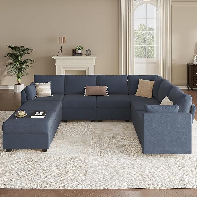 Modular Sectional Sofa Couches, Large Convertible Modular Couches With Storage, 8-Seater Sectional Sofa For Living Room, U Shaped Sectional Couch Sleeper Sofa With Chaise (BlueGrey, 8 Seats)