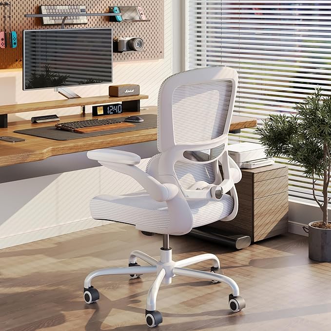 TRALT Ergonomic Office Chair - Desk Chair with Adjustable Lumbar Support Computer Chair - Mesh Comfy Chair with Flip-up Armrests - Gaming Chairs for Adults Home Office (Leather, White)