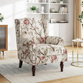Pia Ricco High Back Floral Accent Chair - Retro Wingback Upholstered Armchair with Nailhead Trim, Solid Wood Legs, Fabric Living Room Bedroom Reading Chair (Flower Beige)