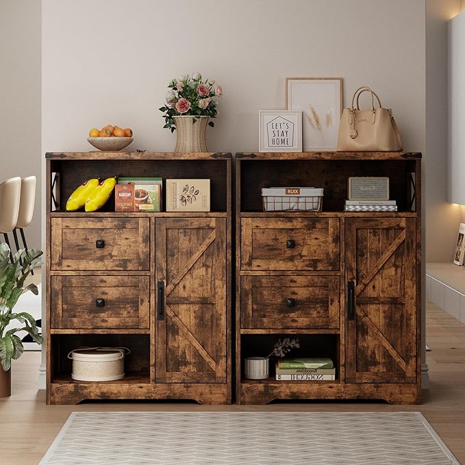 Fameill Farmhouse Storage Cabinet with 2 Drawers & Shelves,Freestanding Kitchen Cabinet with Doors,Floor Storage Organization for Living Room,Bathroom,Laundry,Brown
