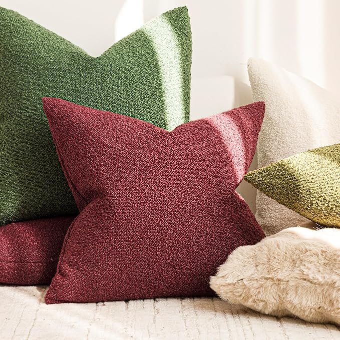 Foindtower Pack of 2, Decorative Textured Boucle Throw Pillow Covers Accent Solid Pillow Cases Cozy Soft Couch Cushion Case for Chair Sofa Bedroom Living Room Home Decor 22 x 22 Inch Hunter Green