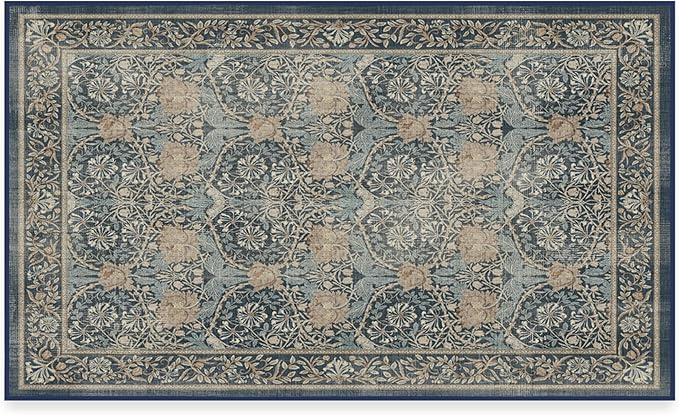 RUGGABLE x Morris & Co Washable Area Rug – Honeysuckle & Tulip Blue 3x5, Stain-Resistant, Non-Slip – Small Machine Washable Rugs for Living Room, Bedroom, Hallway, Entryway & Office–with Standard Pad