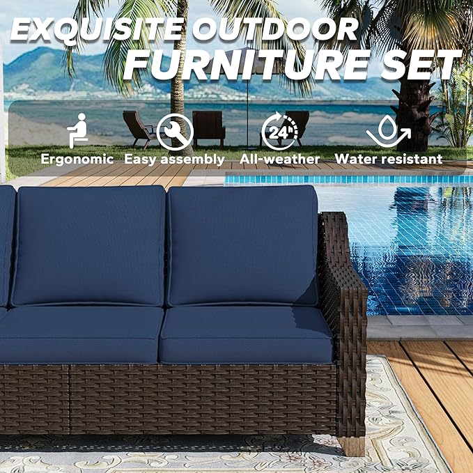 77'' Patio Sofa, All Weather Outdoor Rattan Wicker 3-Seat Sofa High Back Couch with Premium Cushions for Garden Backyard Porch(Brown/Navy)