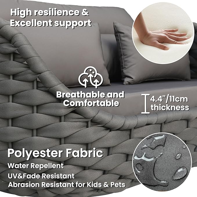 Rope Patio Furniture Set: 4 Pieces Aluminum Outdoor Couch Set Cushioned - Assembled Porch Conversation Sofa Set Modern - Metal Patio Seating for 5 Person Deck Garden Poolside Hotel, Dark Gray