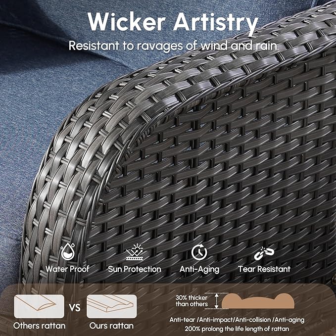 4 Pieces Wicker Patio Furniture - All-Weather PE Wicker Outdoor Conversation Bistro Set Loveseat Chairs with Table,Outdoor Rattan Sofa Chair High Back Deep Seating,Blue