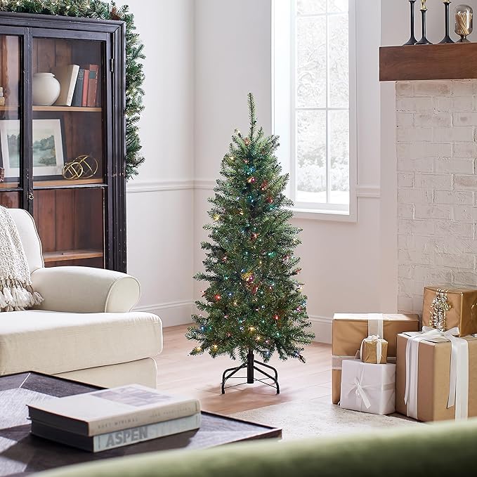 National Tree Company 4.5 ft Pre-Lit Kingswood Fir Slim Artificial Christmas Tree, 150 Multicolor Lights, 330 Tips, Includes Stand, Green