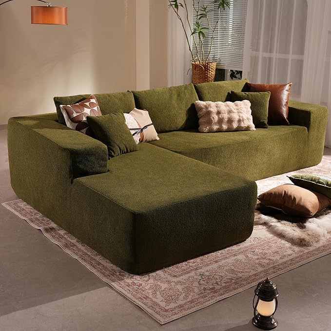 106" Cloud Sectional Couch with Chaise Lounge,L Shaped Modular Modern Sofa,Comfy Velvet Fluffy Couches with Deep Seat,No Assembly Required Couch for Living Room (Left,Cloudy Velvet,Green)