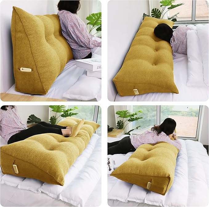 WOWMAX Large Bolster Triangular Positioning Support Reading Backrest Wedge Pillow Headboard Pillow for Day Bed Bunk Bed with Removable Cover, Gifts for Mom California King Yellow