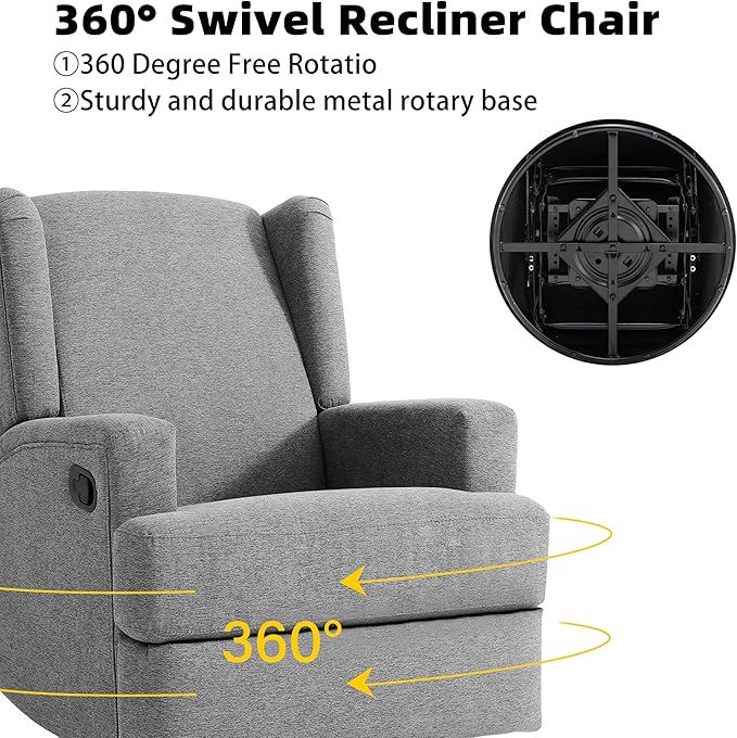 Swivel Glider Recliner Chair for Adults with Deep Seat - High Back Rocker Reclining Accent Chair, Manual Recliner for Living Room & Nursery, Comfortable Upholstered Fabric Armchair-Light Gray