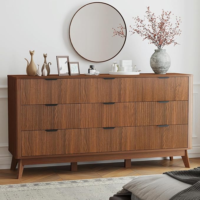 SUNWAVE Fluted 9 Drawer Dresser for Bedroom, 59.1" Wide Modern Large Dresser with Round Corner, Wood Drawer TV Stand for Living Room