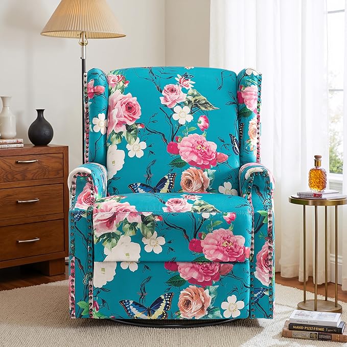 Pia Ricco Swivel Glider Recliner Chairs Set of 2, High Back Rocker Reclining Accent Chair with Smooth Manual Mechanism for Nursery, Comfortable & Quiet Upholstered Armchair Seating-Peacock Blue Rose