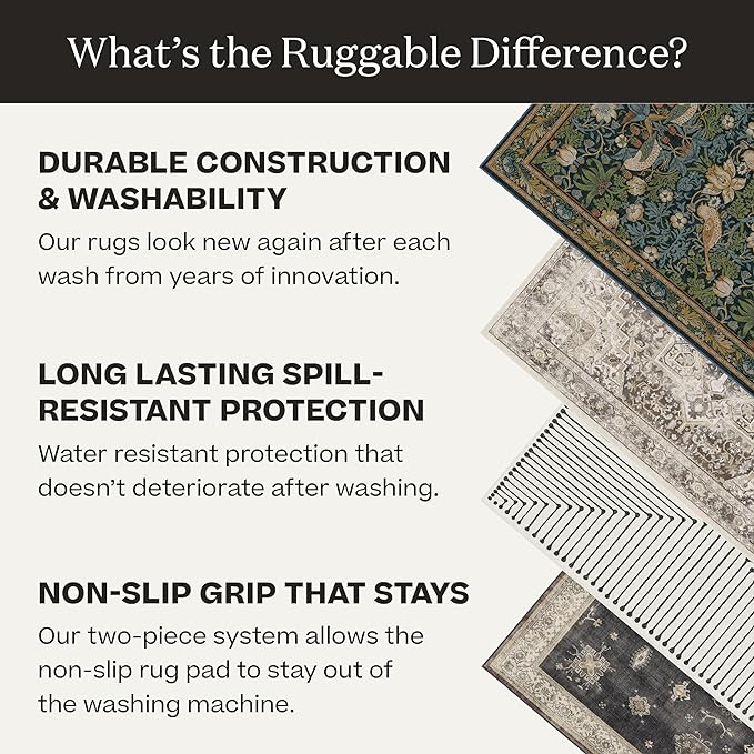 RUGGABLE Washable Vintage Area Rug – Verena Sapphire 5x7, Stain-Resistant, Non-Slip – Medium Machine Washable Rugs for Living Room, Bedroom, Hallway, Entryway & Office–with Cushioned Pad