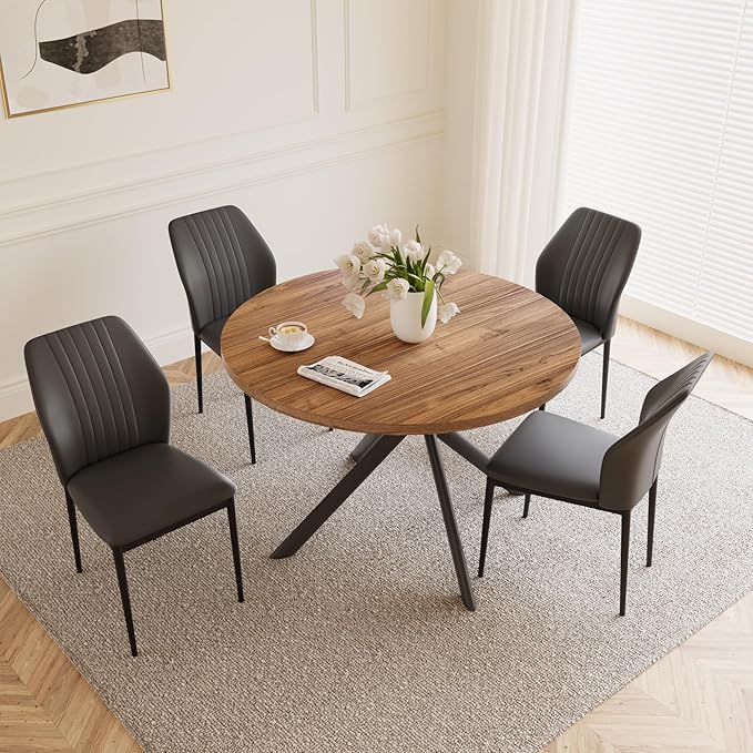 45.3'' Walnut Round Dining Table Set for 4, Mid Century Modern Small Coffee Set for Dining Room Kitchen Apartment (Light Walnut + 4 Black Chairs)