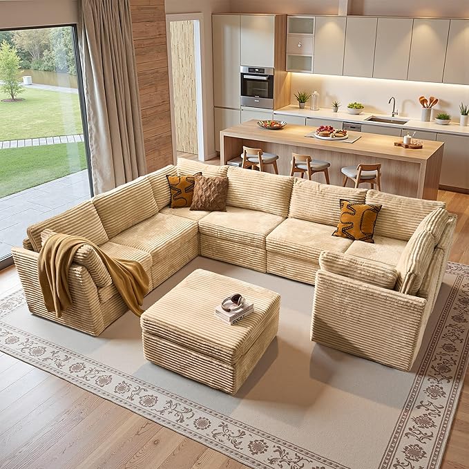 130'' Modern Modular Sectional Sofa with Ottoman, 8 Seater U Shaped Cloud Couch for Living Room, Oversized Deep Seat Convertible Sofa Set, Plush Corduroy Beige