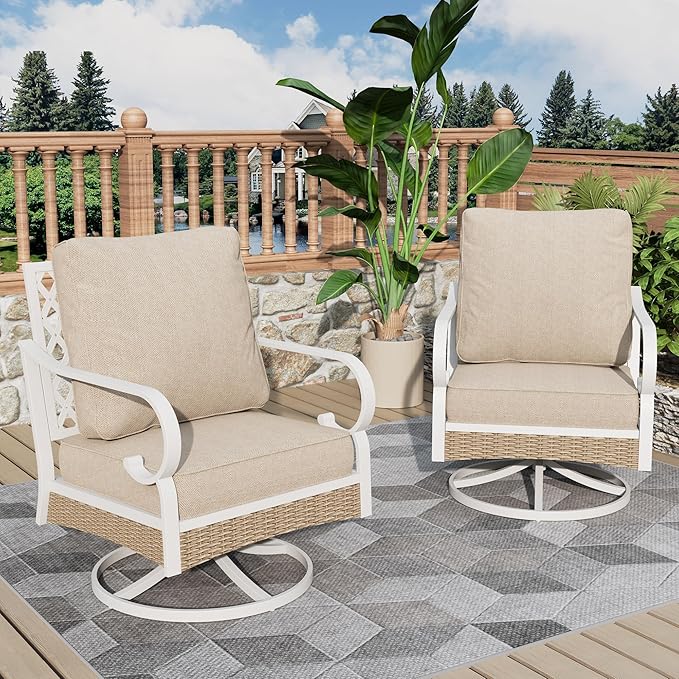 Outdoor Patio Swivel Sofa Chairs Set of 2 Steel Frame Porch Furniture with Deep Seating and 5.5" Cushions for Lawn Backyard Deck, Beige