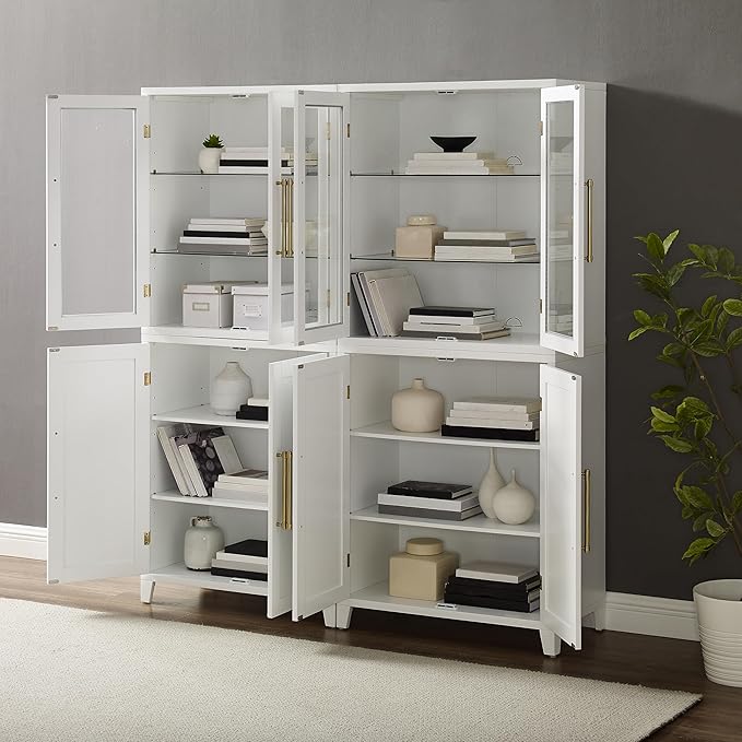 Crosley Furniture Roarke 2-Piece Glass Door China Hutch Kitchen Pantry Storage Cabinet Set, Dining Room, White