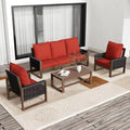4 Piece Patio Furniture Set, Wooden Outdoor Furniture Conversation Set with Coffee Table, Modern PE Wicker Patio Chairs Conversation Sets with Sofa for Garden, Terrace, Porch, Balconies, Lawns