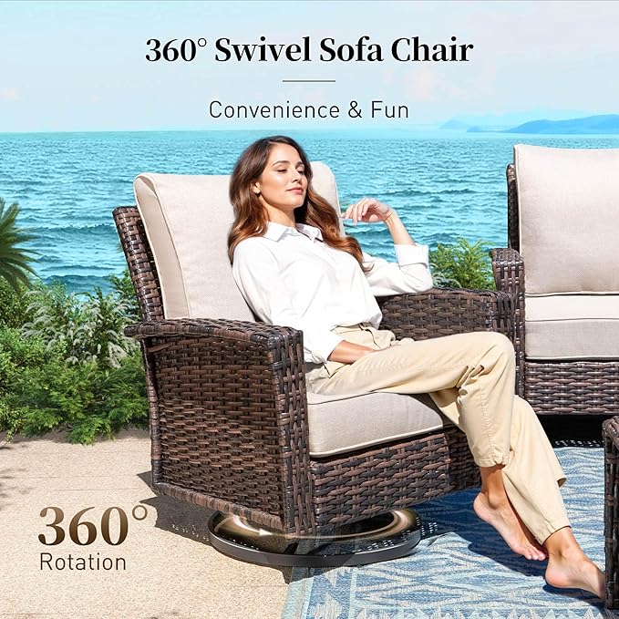 Patio Wicker Swivel Chairs Set of 2, Outdoor High Back Chairs with 5.5" Waterproof Cushions, Outdoor Furniture Set for Deck Porch and Yard, Peacock Blue