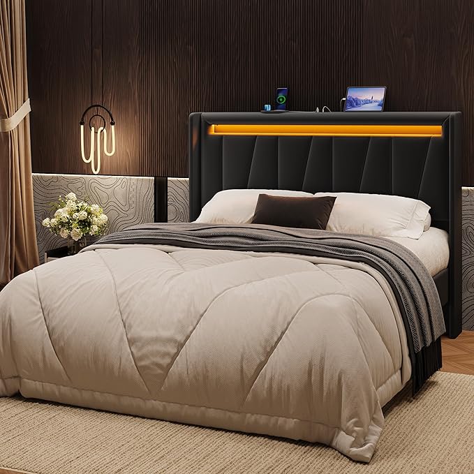 SHA CERLIN Queen Bed Frame with Charging Station and LED Lights, Modern Velvet Platform Bed with Upholstered Geometric Wingback Headboard, No Box Spring Needed, Easy Assembly, Black