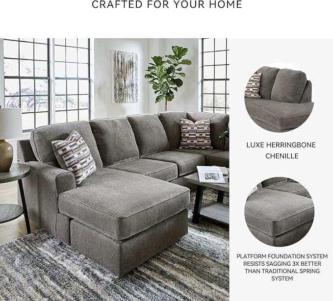 Signature Design by Ashley O'Phannon Casual Right-Arm Facing Herringbone Chenille 2-Piece Sectional with Chaise, Loose Seat Cushions and 2 Throw Pillows, Gray
