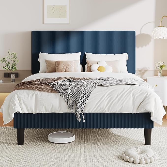 Allewie Queen Size Upholstered Bed Frame with Vertical Channel Tufted Headboard, Soft Corduroy Fabric Platform Bed, Strong Wooden Slats Support, Easy Assembly, No Box Spring Needed, Dark Blue