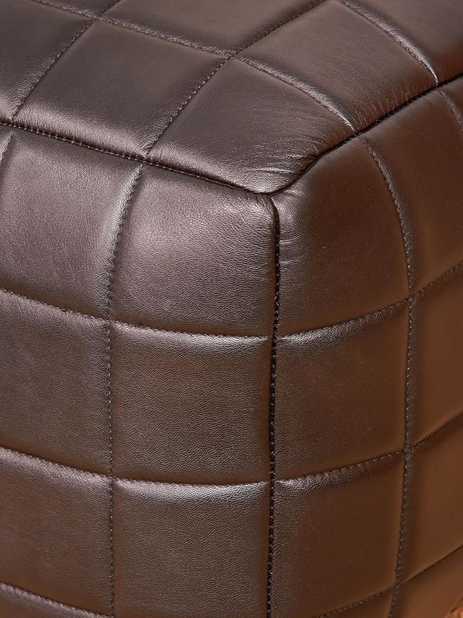 Handmade Eco-Friendly Geometric Leather Pouf Black Color Square 21" x 21" x 12" Goat Leather Pouf for Living Room, Bedroom Seating, Patio