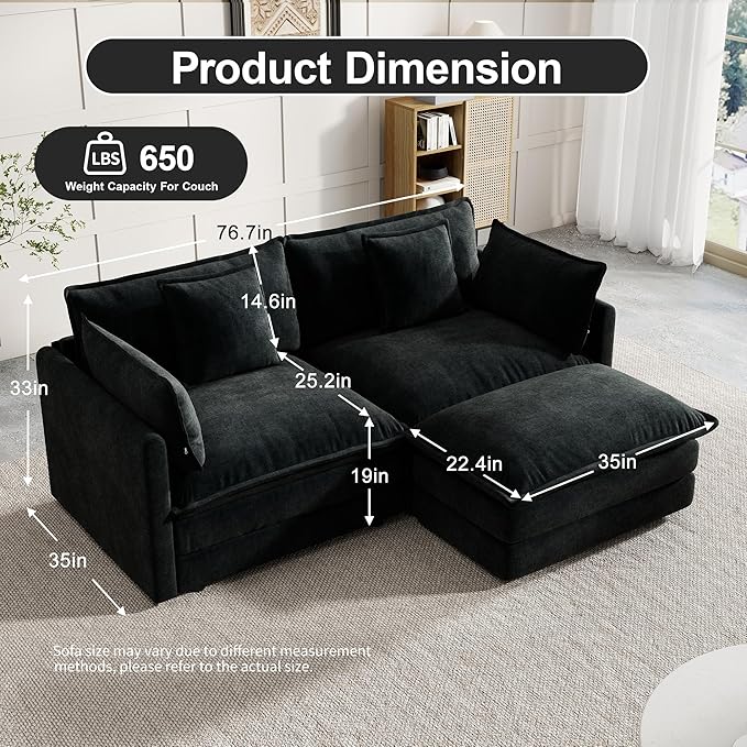 Modular Sectional Sofa, 76.7 Inch L-Shaped Cloud Sofa with Deep Seat Comfortable Chenille Sofa with Cushion Double Sectional Sofa for Living Room Apartment,Black