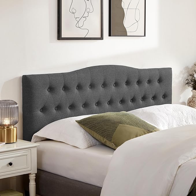 Tufted Upholstered Headboard King Size, Sturdy and Durable Solid Wood Bed headboard, Fabric Headboard Adjustable Height from 37” to 51”, Modern Button Diamond Design Head Board, Black