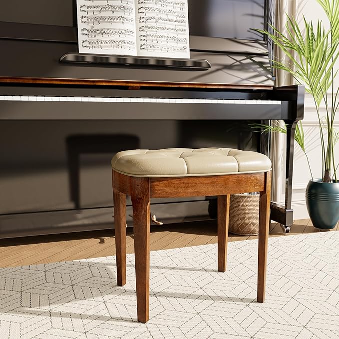 MODERION Vanity Bench with Upholstered, Modern Luxury Wood Stool ,Ottoman Shoe Bench for Living Room, Vanity, Entryway, 19.3"L x 14.9"W x 19.3"H Easy Assembly, Beeswax Leg & Cream Beige Seat FD-HNY-BG