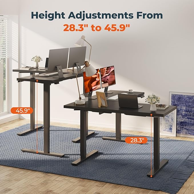 L-Shaped Standing Desk, 63 x 47 Inches Height Adjustable Desk, Sit and Stand up for Work Office Home, Ergonomic Rising Computer Table for Home Office with Splice Board, Black