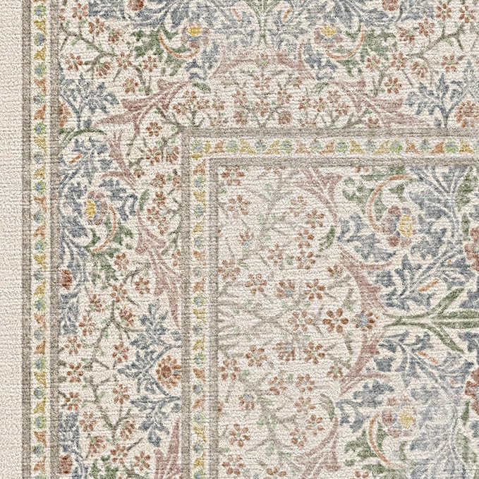 RUGGABLE x Morris & Co Washable Area Rug – Blackthorn Ivory Blue 5x7, Stain-Resistant, Non-Slip – Medium Machine Washable Rugs for Living Room, Bedroom, Hallway, Entryway & Office–with Cushioned Pad