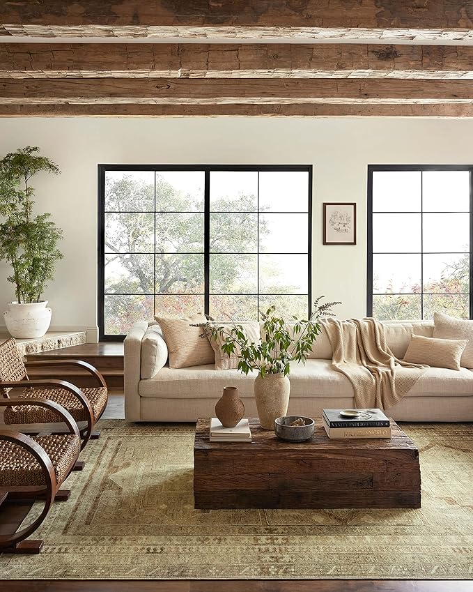 Loloi Magnolia Home by Joanna Gaines Sinclair Collection SIN-02 Khaki/Tobacco 8'-6" x 11'-6", .25" Pile Height, Machine Washable, Area Rug