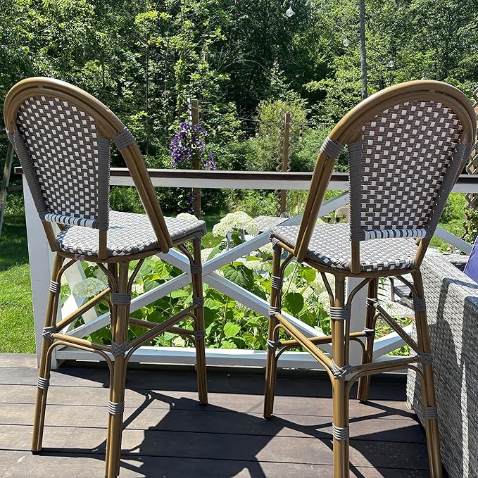 PURPLE LEAF French Bar Stool Set of 2 Bamboo Print Finish Patio Bar Stools with Back Rattan Chairs Wicker Bar Height Stool 30" with Footrest Kitchen Island Stools Outdoor Barstool Grey