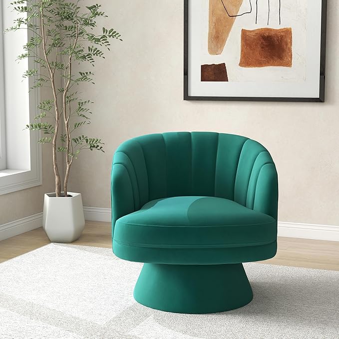 Swivel Accent Chair,Upholstered Velvet 360° Swivel Barrel Chair for Living Room Overstuffed Bouncle Reading Chair Round Armchair for Bedroom,Vanity,Office (Dark Green)